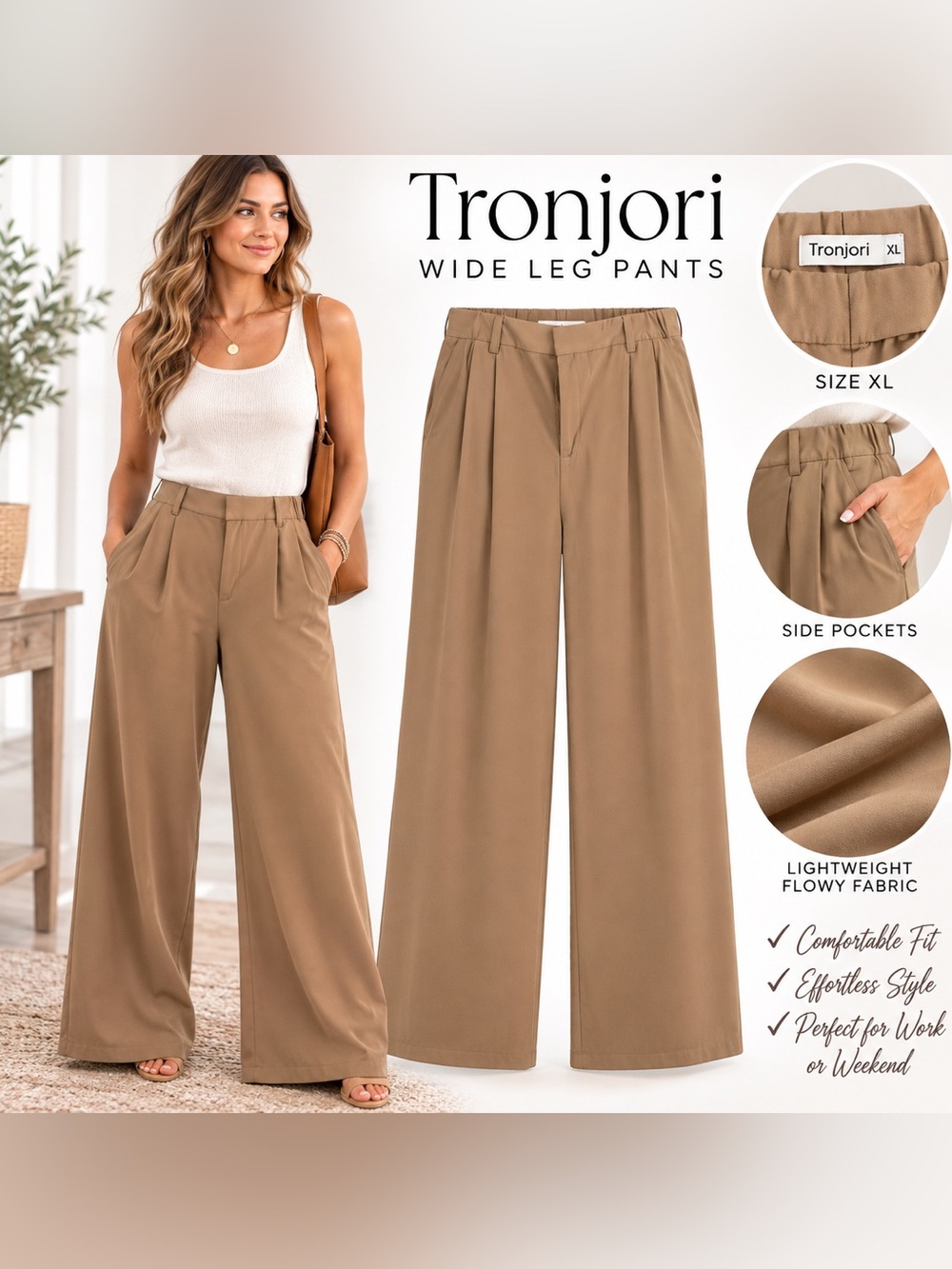 Tronjori Women’s XL Tan Wide Leg Pants High Waist Pleated Elastic Back Pockets
